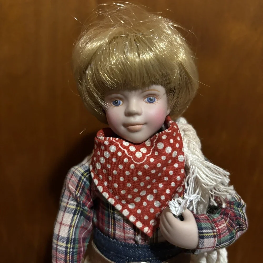 Cowboy Doll Blonde Straight Hair Blue Eyes Light Complexion Hat Plaid Shirt